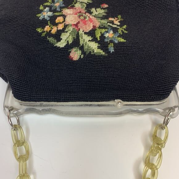 Vtg Needlepoint Purse Handbag Floral Tapestry Acrylic Lucite Close Chain 1950s - Picture 7 of 13